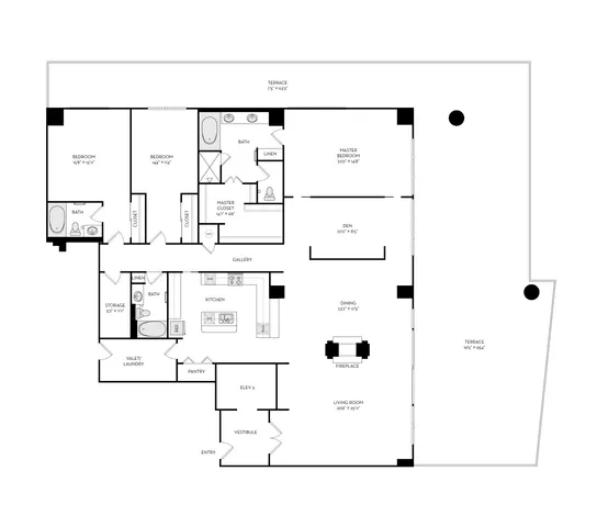 Elegant floor plan featuring 3 bedrooms, spacious master suite with private bath, stylish den, modern kitchen, expansive living area with fireplace, and multiple terraces for outdoor relaxation.