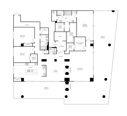 Expansive floor plan showcasing 3 bedrooms, a luxurious master suite, spacious living and dining areas, dedicated office/library, and multiple terraces for outdoor relaxation.