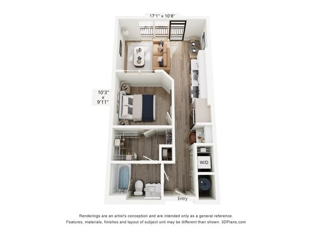 Modern 1-bedroom apartment floor plan highlighting a cozy living area, practical kitchen, and convenient in-unit laundry.