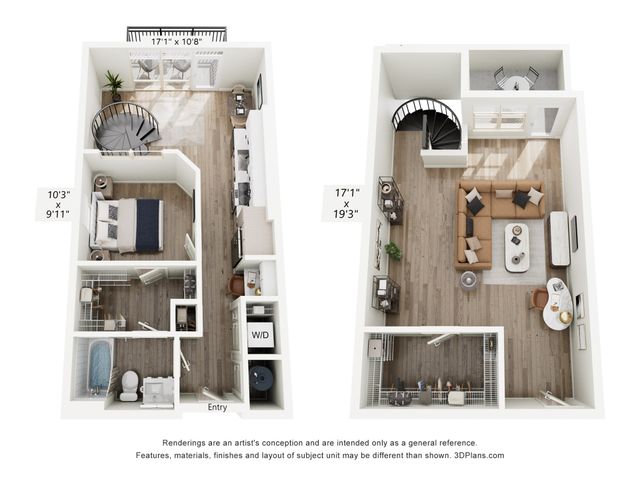 Elegant floor plan with a spiral staircase connecting spacious living and dining areas, modern kitchen, and cozy bedroom retreat.