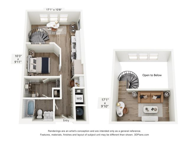 Chic split-level floor plan with one bedroom, modern open kitchen, cozy living area, and stylish spiral staircase leading to a mezzanine.