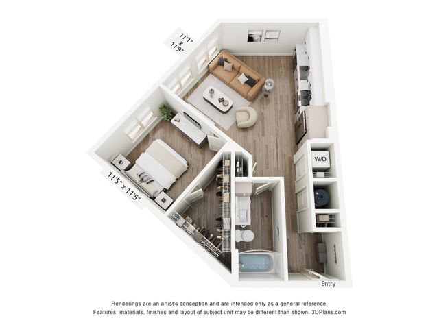 Modern 3D apartment floor plan featuring 2 spacious bedrooms, a cozy living area, sleek kitchen, and convenient laundry space.