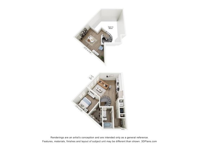 Contemporary split-level 3D floor plan featuring two cozy bedrooms, a bright open-concept living area, and a stylish spiral staircase connecting levels.