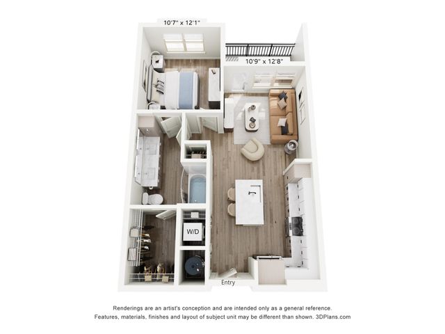 Chic 1-bedroom apartment floor plan featuring an open-concept living area, modern kitchen, cozy bedroom, and stylish bathroom.