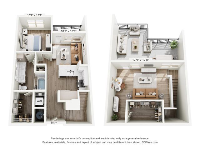 Elegant 3D floor plan showcasing a modern two-bedroom apartment with open-concept living area, spacious balcony, and stylish kitchen.
