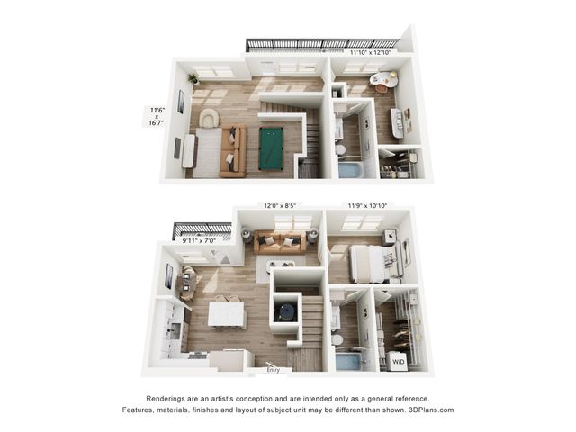 Modern two-story floor plan showcasing spacious living areas, 2 bedrooms, stylish kitchen, and elegant bathrooms, ideal for comfortable living.