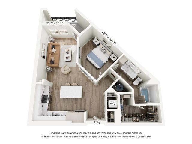Chic 3D floor plan showcasing a spacious 1-bedroom apartment with an inviting living area, modern kitchen, and a stylish bathroom.