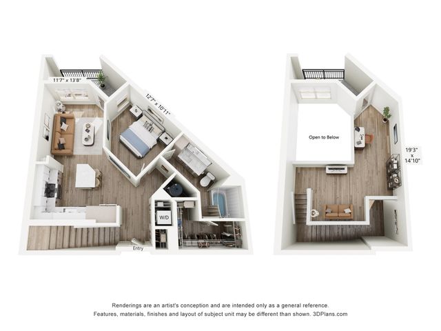 Chic two-level apartment floor plan with one bedroom, modern kitchen, and spacious living area. Upper floor features an open loft overlooking the living space, ideal for an office or den.