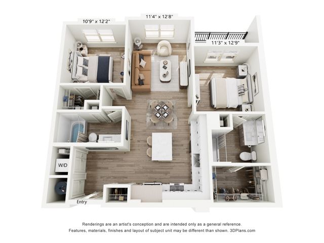 Elegant 3D floor plan showcasing 2 bedrooms, a cozy living room, and a modern kitchen with open-concept design.
