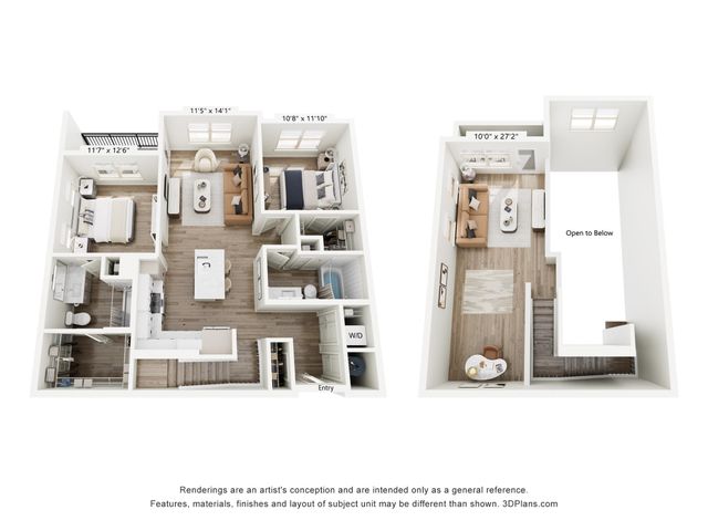Contemporary 3D floor plan showcasing 3 bedrooms, open-concept living areas, and a stylish kitchen, perfect for modern living.