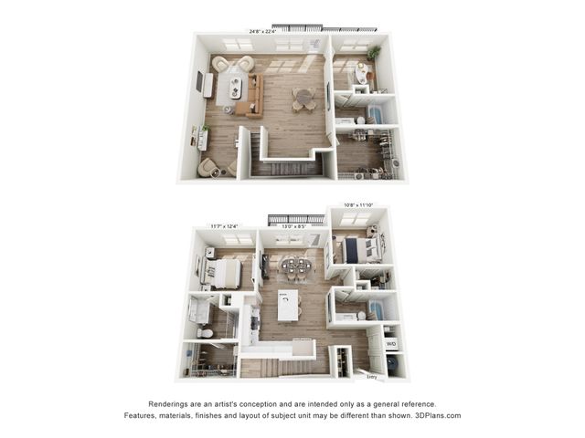 Elegant multi-level floor plan showcasing a spacious living area, stylish kitchen, three bedrooms with modern accents, and abundant natural light.