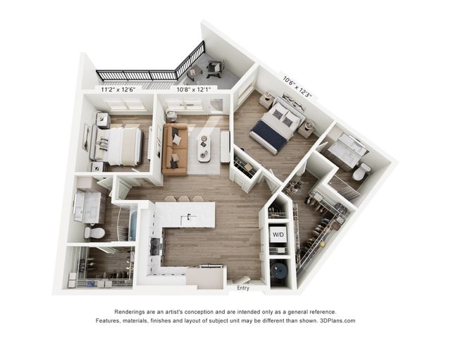 Modern 3D floor plan showcasing 2 bedrooms, an inviting open-concept living space, a sleek kitchen, and a cozy balcony.
