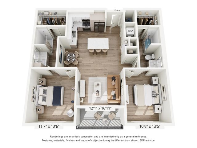 Modern 3D floor plan with two spacious bedrooms, a chic open-concept living area, stylish kitchen, and private balcony.