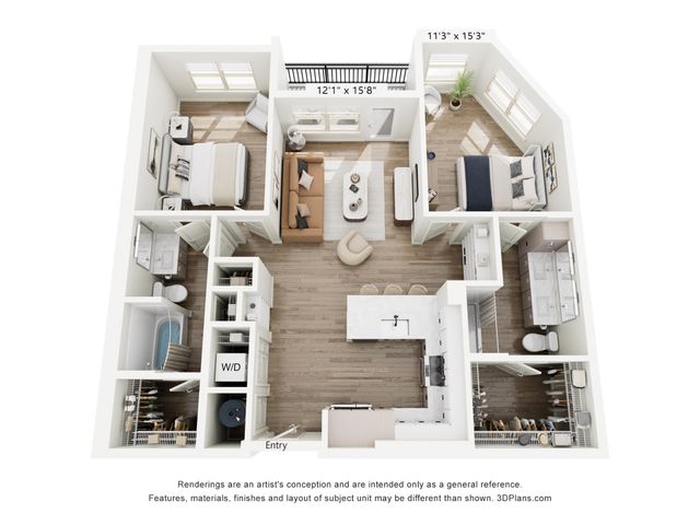Chic 3D floor plan featuring two spacious bedrooms, modern open-concept kitchen and living area, complete with walk-in closet and balcony access.