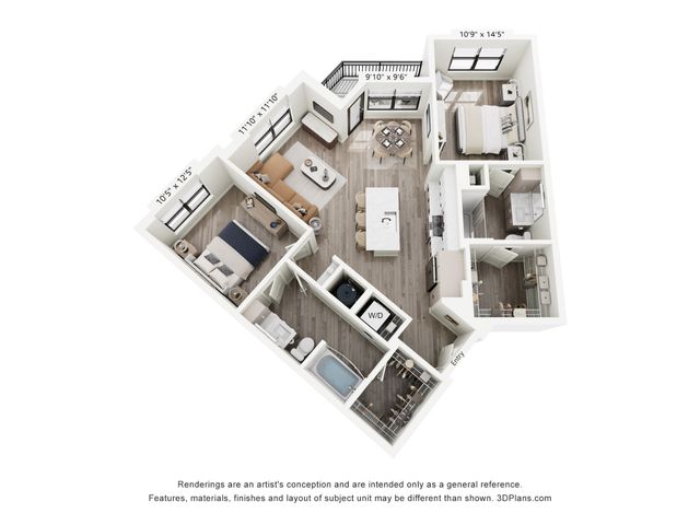 Modern 3D floor plan showcasing 2 bedrooms, open living space, and sleek kitchen with island. Ideal for contemporary living.