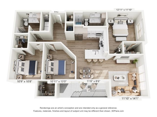Elegant 3D floor plan showcasing 3 bedrooms, open living and dining area, modern kitchen, and spacious master suite.