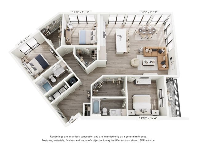 Modern 3D floor plan showcasing three bedrooms, a spacious open-concept living and dining area, and a sleek kitchen with a large island. The design includes expansive windows, providing abundant natural light.