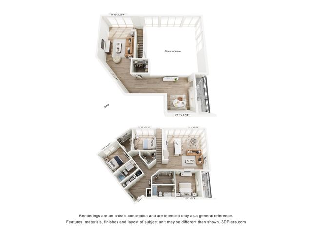 Modern 3D floor plan showcasing a stylish loft with two levels, featuring an expansive open-concept living area, sleek kitchen, and cozy bedrooms. Bright, airy design with floor-to-ceiling windows.