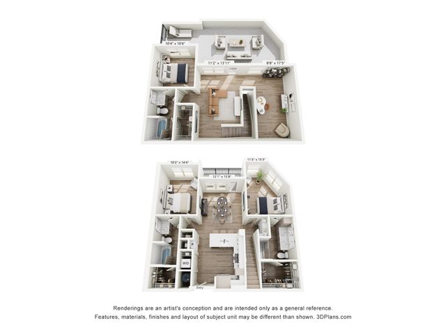 Modern 3D floor plan showcasing two luxurious bedrooms, an open-concept living and dining area, and a sleek balcony space.