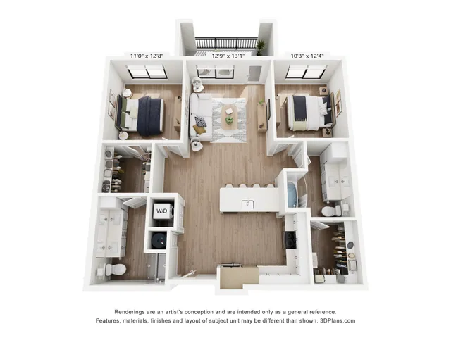 Modern floor plan showcasing a chic open-concept living area, two stylish bedrooms, two bathrooms, and a convenient kitchen island.