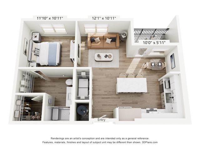 Modern apartment floor plan showcasing a spacious living room, cozy bedroom, stylish open-concept kitchen with dining area, and elegant balcony.