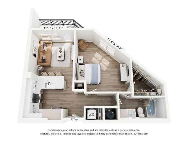 Chic 3D floor plan featuring a spacious living room, modern kitchen with island seating, and a cozy bedroom with ample natural light.