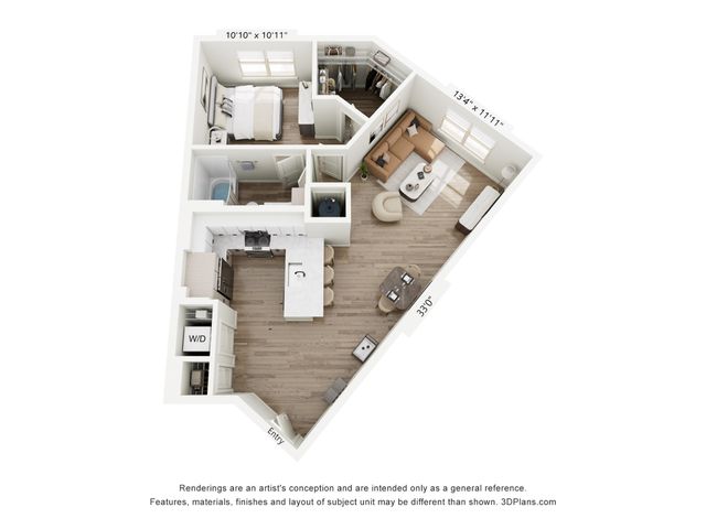 Modern 3D floor plan showcasing one-bedroom apartment with open-concept living area, stylish kitchen, and spacious bathroom. Features cozy living room and convenient washer/dryer space.