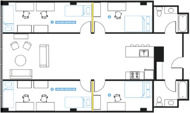 Modern apartment floor plan showcasing 4 shared bedrooms, spacious living area, and well-equipped kitchen.