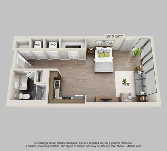 Modern 3D floor plan showcasing a cozy studio apartment with an open-concept living area, stylish kitchen, and spacious bedroom. Includes amenities like a washer/dryer and a chic bathroom.
