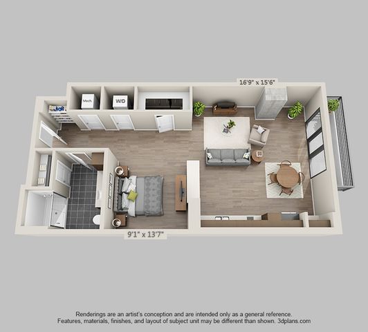 Chic 3D floor plan showcasing a modern one-bedroom apartment with an open-concept living area, stylish kitchen, and cozy dining space, perfect for contemporary living.