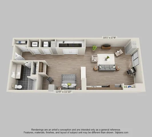 Modern 3D floor plan showcasing a spacious open living space with cozy bedroom, stylish bathroom, and functional kitchen area.