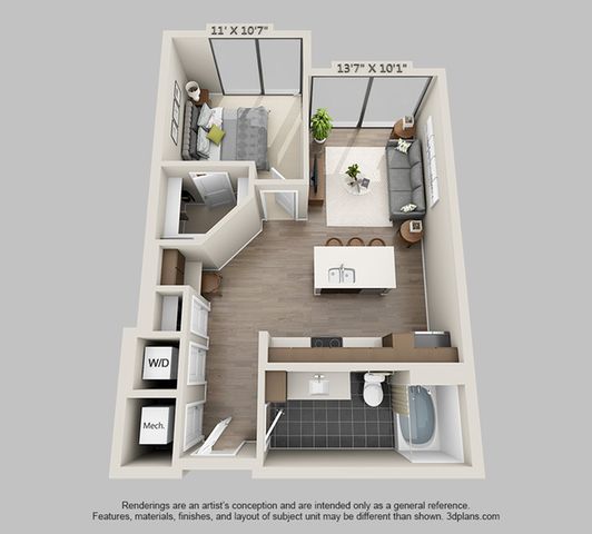 Modern 3D apartment floor plan showcasing one bedroom, a cozy living area, and an open kitchen with a breakfast bar.