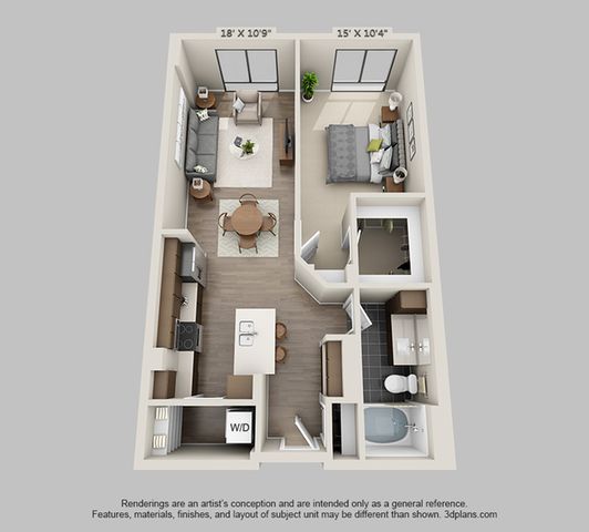 Modern floor plan featuring one bedroom and one bathroom, spacious open-concept living area with large windows, and a sleek kitchen with an island. Includes a cozy dining space and convenient in-unit laundry.