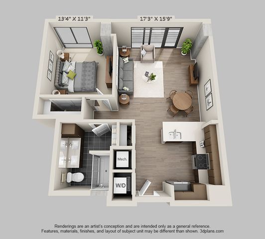 Modern one-bedroom apartment floor plan with spacious living room, contemporary kitchen, and a stylish bathroom, featuring elegant finishes and ample natural light.