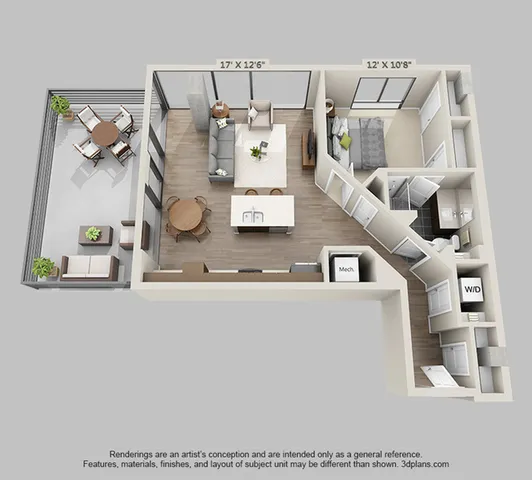 Modern 3D floor plan featuring a spacious open-concept living and kitchen area, one bedroom with stylish ensuite, and a large balcony for outdoor relaxation.