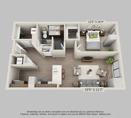 Modern 3D floor plan showcasing a stylish one-bedroom apartment with an expansive open-concept living and dining area, sleek kitchen with island seating, and elegant bathroom. Features ample natural light and efficient use of space.