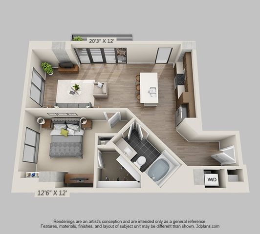 Modern 3D floor plan featuring 1 bedroom, a cozy living room, sleek kitchen with island, and stylish bathroom, perfect for contemporary living.