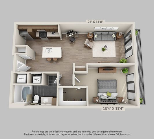 Modern 1-bedroom apartment floor plan featuring an open-concept living and dining area, stylish kitchen with island, spacious bathroom, and cozy bedroom, ideal for contemporary living.