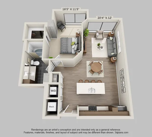 Inviting 3D apartment floor plan showcasing one bedroom, bathroom, stylish living room, and modern open-concept kitchen with breakfast bar seating.