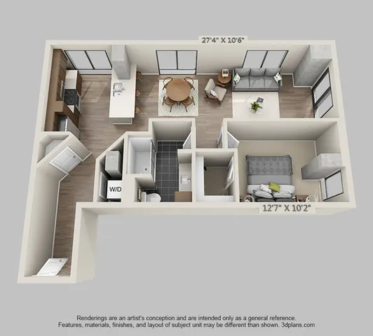 Modern 3D floor plan showcasing a one-bedroom apartment with open-concept kitchen and living area, elegant bathroom, and cozy bedroom, perfect for stylish living.