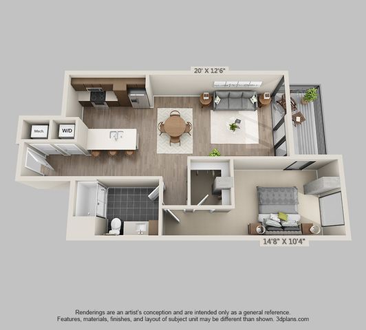 Modern 3D floor plan showcasing an inviting 1-bedroom apartment with an open living and dining area, sleek kitchen, and spacious bathroom. Features include a comfortable living space with access to a cozy balcony, perfect for relaxation.