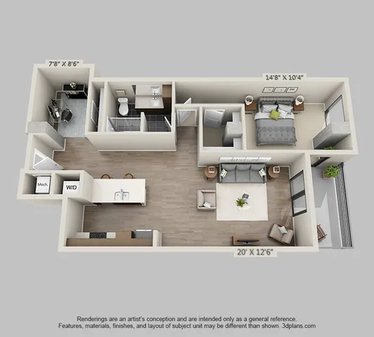 Modern 3D floor plan showcasing a cozy 1-bedroom apartment with open-concept living area, chic kitchen, and stylish bathroom, perfect for urban living.