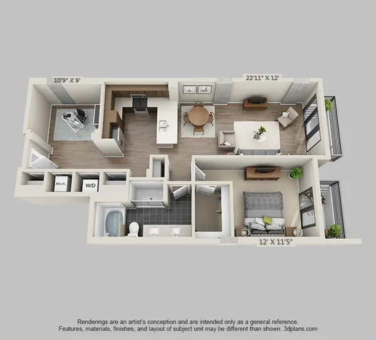 Modern floor plan showcasing a spacious living area, sleek kitchen, and cozy bedroom layout with ample natural light.
