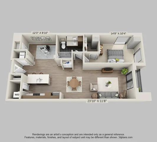 Modern 3D floor plan showcasing a spacious 1-bedroom apartment with an open-concept kitchen, cozy living room, and elegant bathroom.