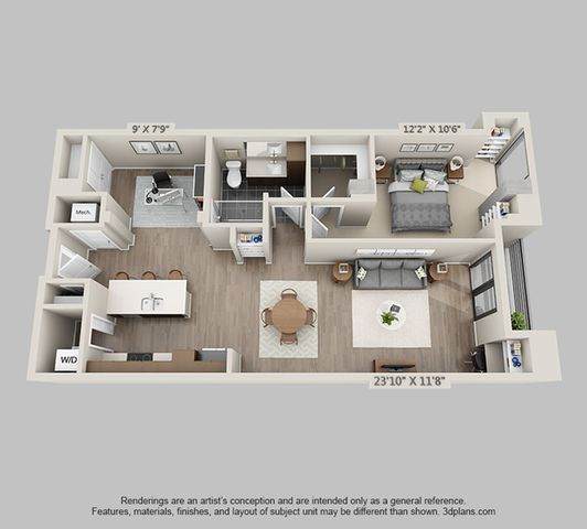 Modern floor plan featuring an open-concept kitchen and living area, one bedroom with ample closet space, stylish bathroom, and a private balcony with large windows.