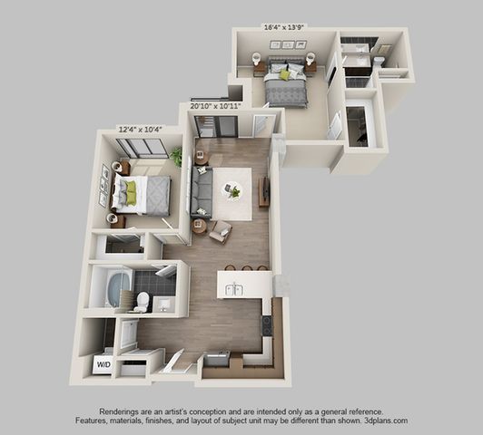 Modern 3D floor plan showcasing two spacious bedrooms, a stylish open-concept living area, and a gourmet kitchen, perfect for comfortable living.