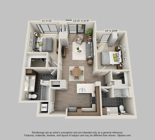 Modern 3D apartment floor plan featuring 2 bedrooms, open living area, and stylish kitchen with bar seating.