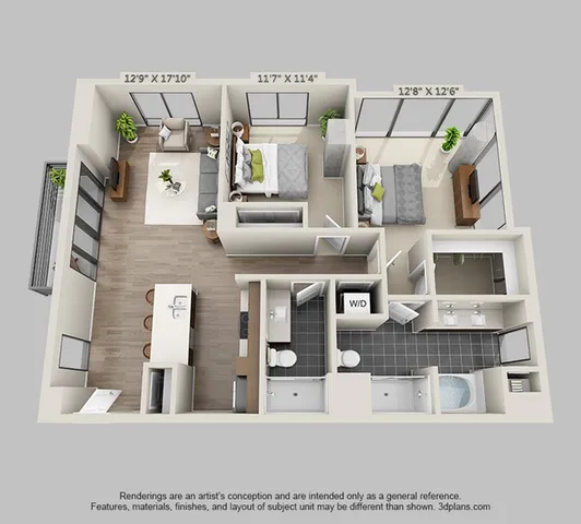 Modern 3D floor plan showcasing 2 bedrooms, open living area, sleek kitchen, and dual bathrooms with washer/dryer in a bright and inviting apartment layout.