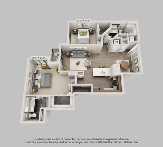 Modern 3D floor plan showcasing two bedrooms, a spacious open-plan living area, sleek kitchen with island, and two bathrooms.