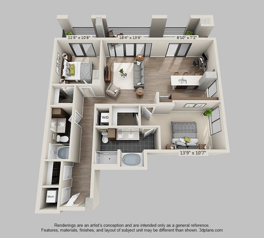 Modern 3D floor plan showcasing two-bedroom apartment with spacious living area, sleek kitchen with island, and two elegant bathrooms.